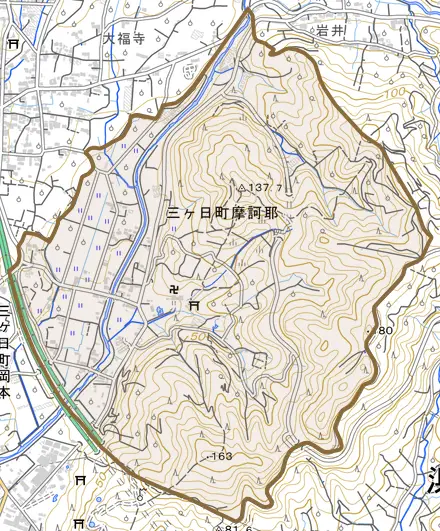 三ヶ日町摩訶耶とその周辺の地図。町の範囲を重ねている