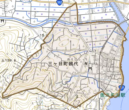 三ヶ日町鵺代とその周辺の地図。町の範囲を重ねている