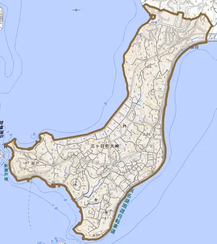 三ヶ日町大崎とその周辺の地図。町の範囲を重ねている