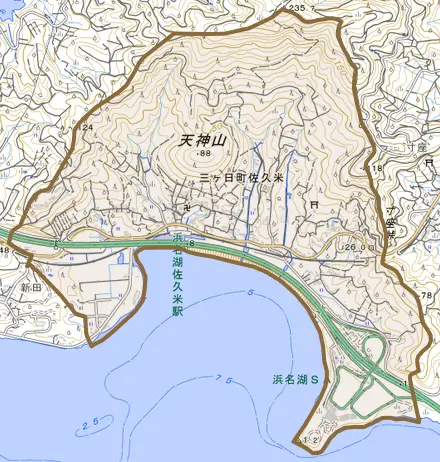 三ヶ日町佐久米とその周辺の地図。町の範囲を重ねている