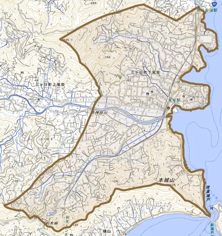 三ヶ日町下尾奈とその周辺の地図。町の範囲を重ねている