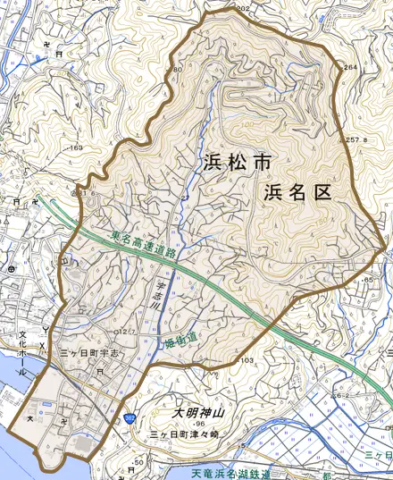 三ヶ日町宇志とその周辺の地図。町の範囲を重ねている