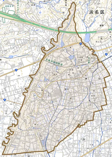 宮口とその周辺の地図。町の範囲を重ねている