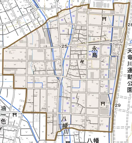 永島とその周辺の地図。町の範囲を重ねている