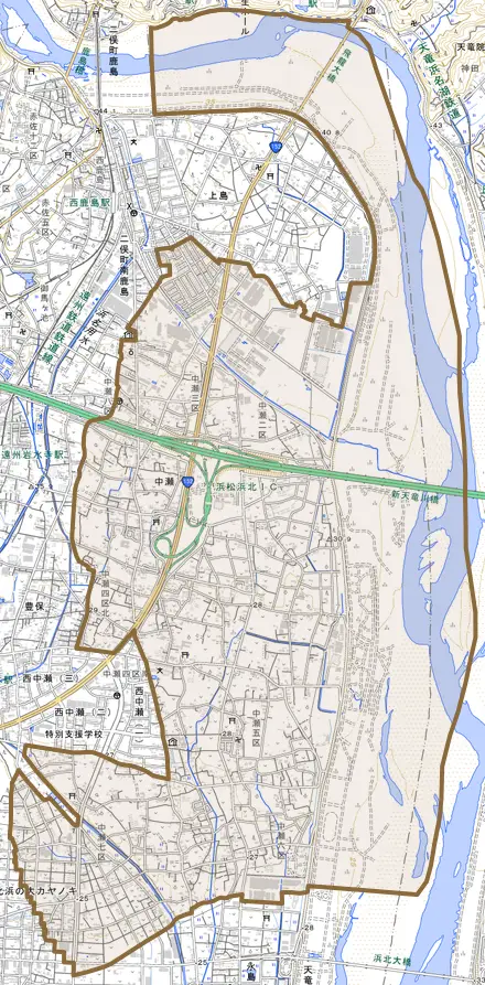 中瀬とその周辺の地図。町の範囲を重ねている