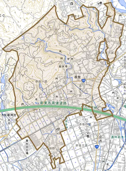 根堅とその周辺の地図。町の範囲を重ねている