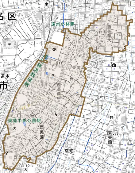 西美薗とその周辺の地図。町の範囲を重ねている