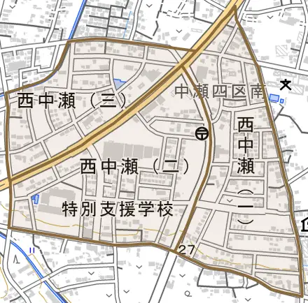 西中瀬とその周辺の地図。町の範囲を重ねている