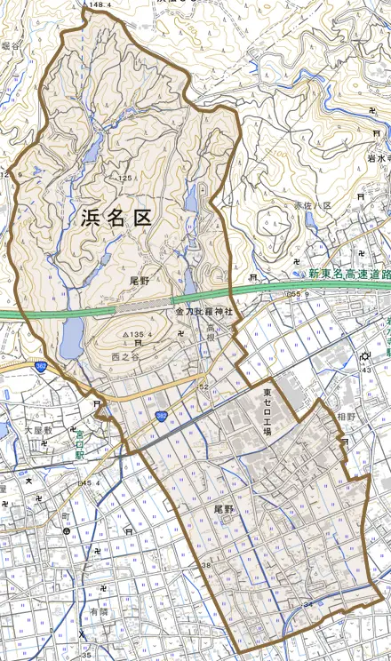 尾野とその周辺の地図。町の範囲を重ねている