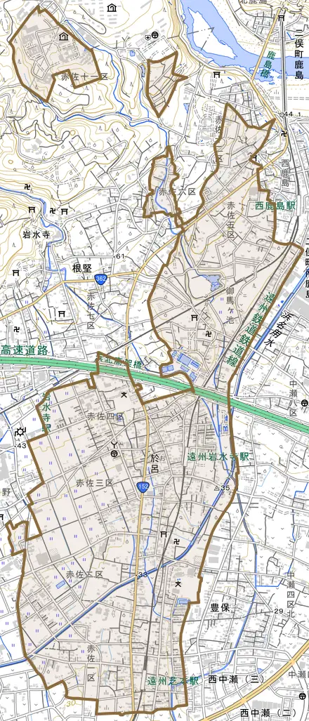 於呂とその周辺の地図。町の範囲を重ねている
