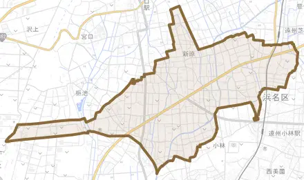 新原とその周辺の地図。町の範囲を重ねている