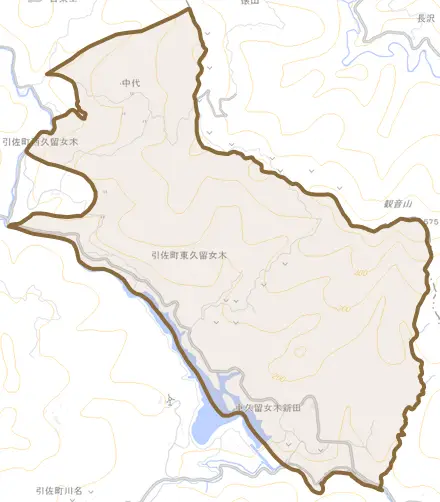 引佐町東久留女木とその周辺の地図。町の範囲を重ねている