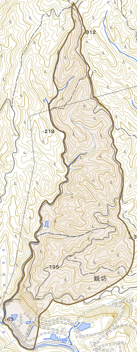 三大地とその周辺の地図。町の範囲を重ねている