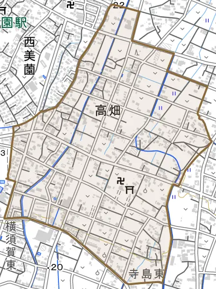 高畑とその周辺の地図。町の範囲を重ねている