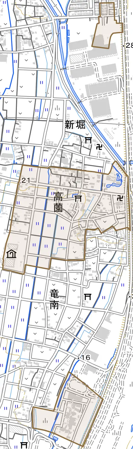 高薗とその周辺の地図。町の範囲を重ねている