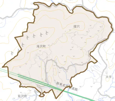 滝沢町とその周辺の地図。町の範囲を重ねている