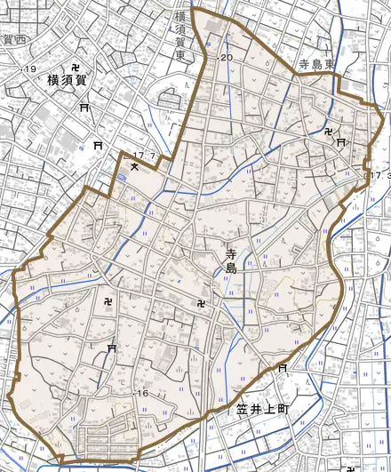 寺島とその周辺の地図。町の範囲を重ねている