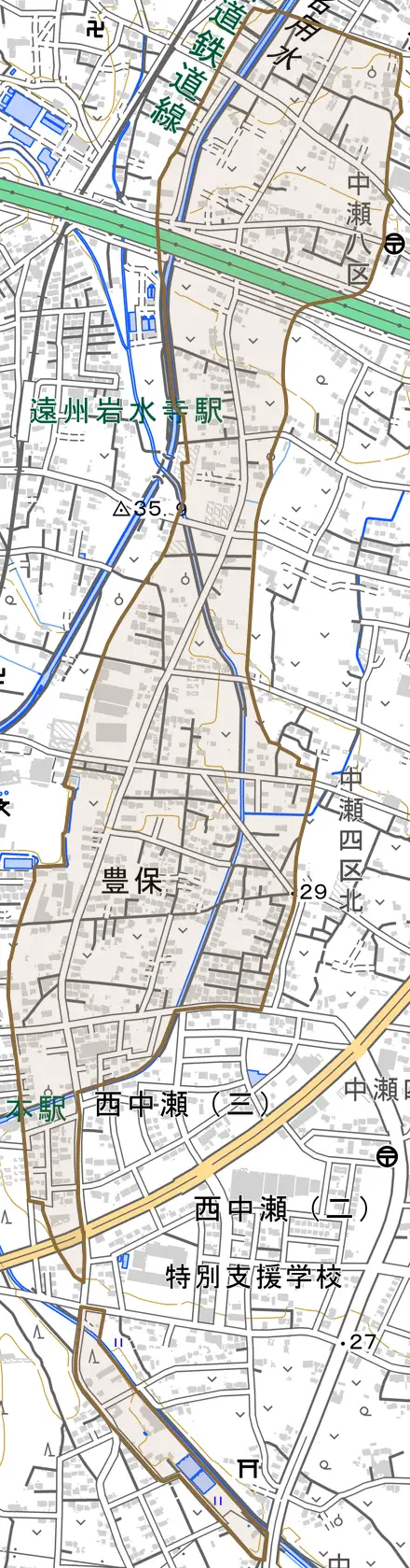 豊保とその周辺の地図。町の範囲を重ねている