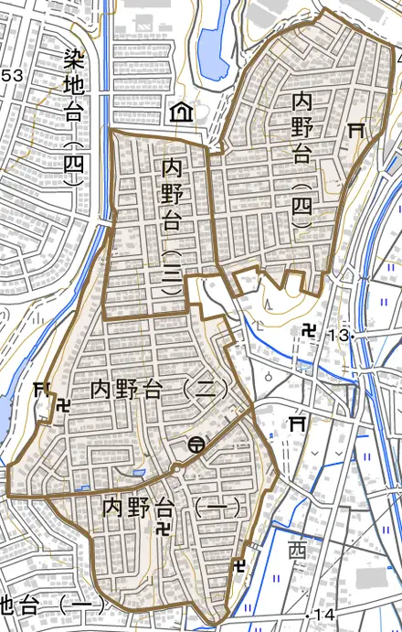 内野台とその周辺の地図。町の範囲を重ねている