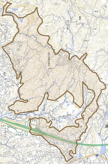四大地とその周辺の地図。町の範囲を重ねている