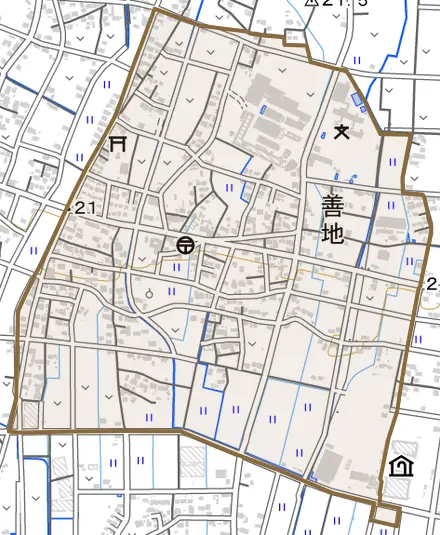 善地とその周辺の地図。町の範囲を重ねている