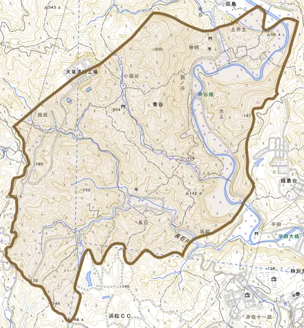 青谷とその周辺の地図。町の範囲を重ねている