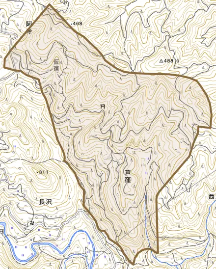 芦窪とその周辺の地図。町の範囲を重ねている