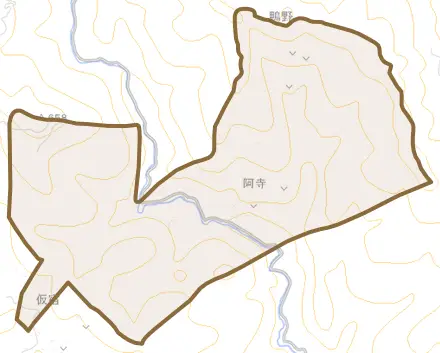 阿寺とその周辺の地図。町の範囲を重ねている