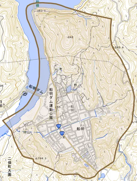 船明とその周辺の地図。町の範囲を重ねている