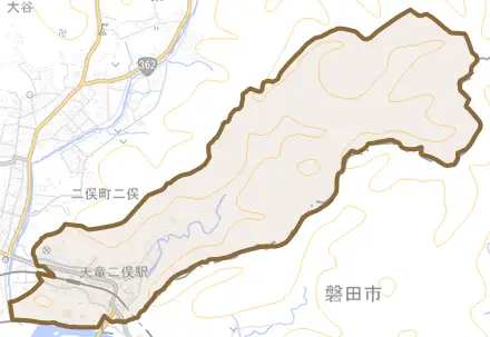 二俣町阿蔵とその周辺の地図。町の範囲を重ねている