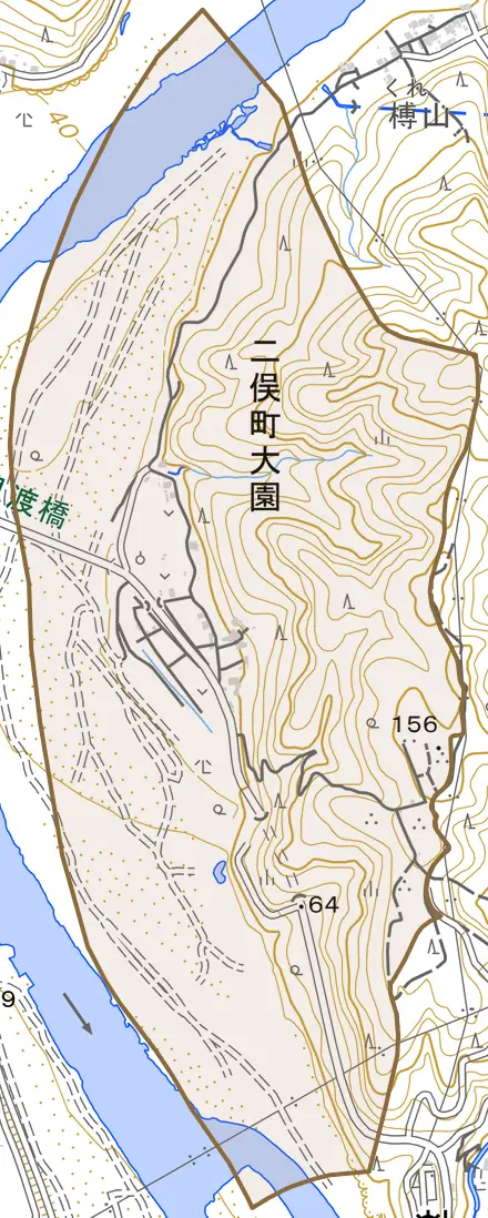 二俣町大園とその周辺の地図。町の範囲を重ねている