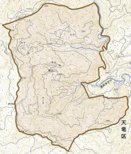 懐山とその周辺の地図。町の範囲を重ねている
