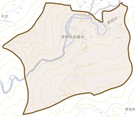 春野町長蔵寺とその周辺の地図。町の範囲を重ねている