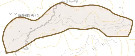 春野町五和とその周辺の地図。町の範囲を重ねている