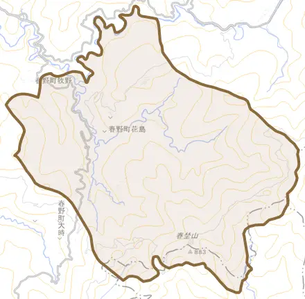 春野町花島とその周辺の地図。町の範囲を重ねている