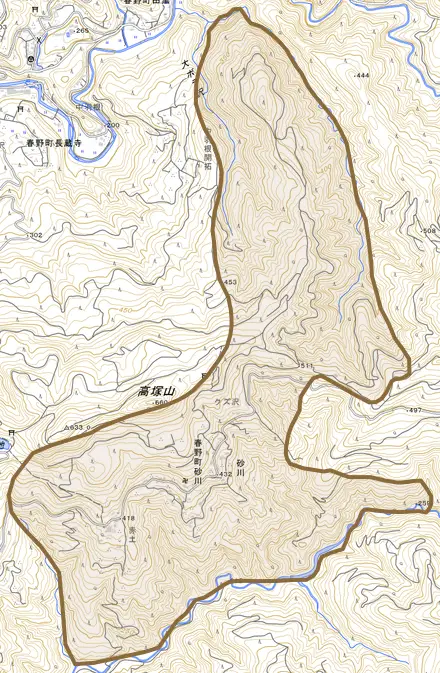 春野町砂川とその周辺の地図。町の範囲を重ねている