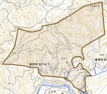 春野町石打松下とその周辺の地図。町の範囲を重ねている
