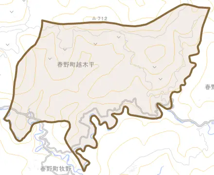 春野町越木平とその周辺の地図。町の範囲を重ねている