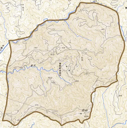 春野町胡桃平とその周辺の地図。町の範囲を重ねている