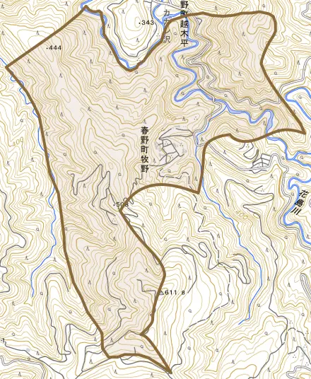 春野町牧野とその周辺の地図。町の範囲を重ねている