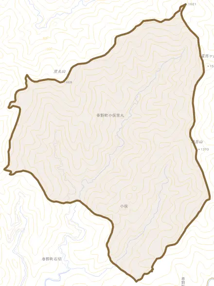 春野町小俣京丸とその周辺の地図。町の範囲を重ねている
