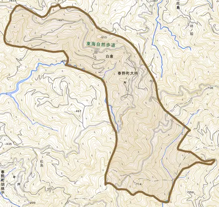 春野町大時とその周辺の地図。町の範囲を重ねている