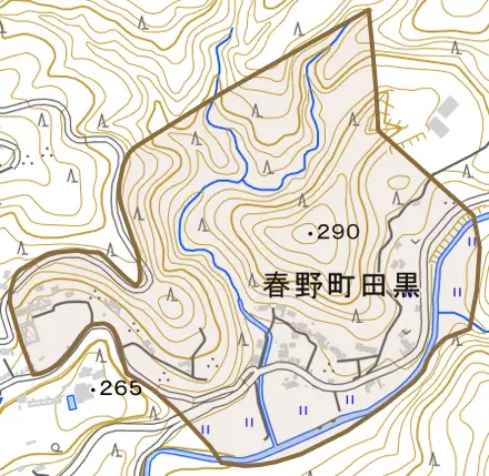 春野町田黒とその周辺の地図。町の範囲を重ねている