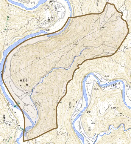 東雲名とその周辺の地図。町の範囲を重ねている