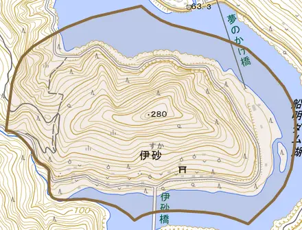 伊砂とその周辺の地図。町の範囲を重ねている