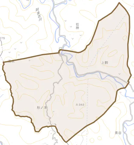 上野とその周辺の地図。町の範囲を重ねている