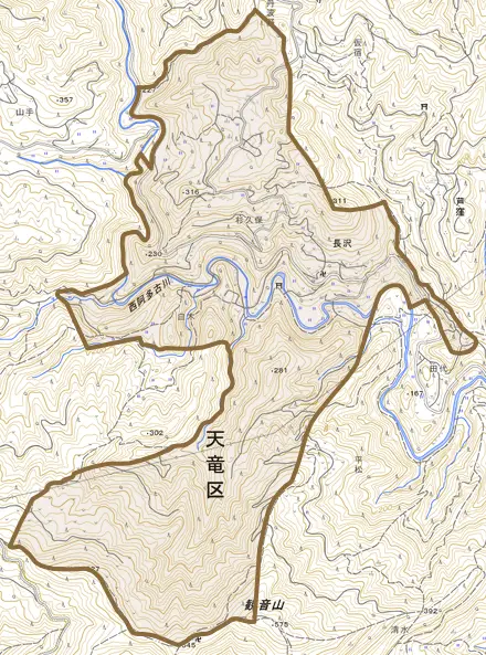 長沢とその周辺の地図。町の範囲を重ねている
