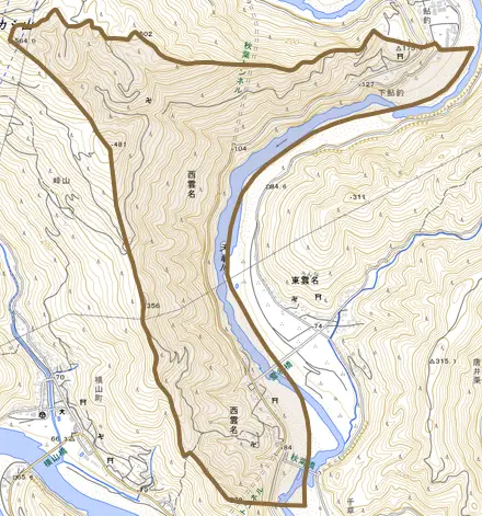 西雲名とその周辺の地図。町の範囲を重ねている