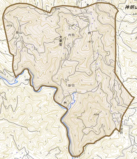 大栗安とその周辺の地図。町の範囲を重ねている