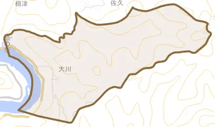 大川とその周辺の地図。町の範囲を重ねている